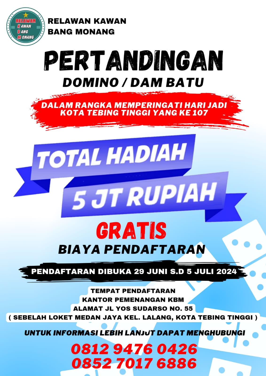 SAMBUT HUT KOTA TEBING TINGGI Ke-107 DAN PEREBUTKAN HADIAH, KBM GELAR PERTANDINGAN DOMINO/Dam Batu