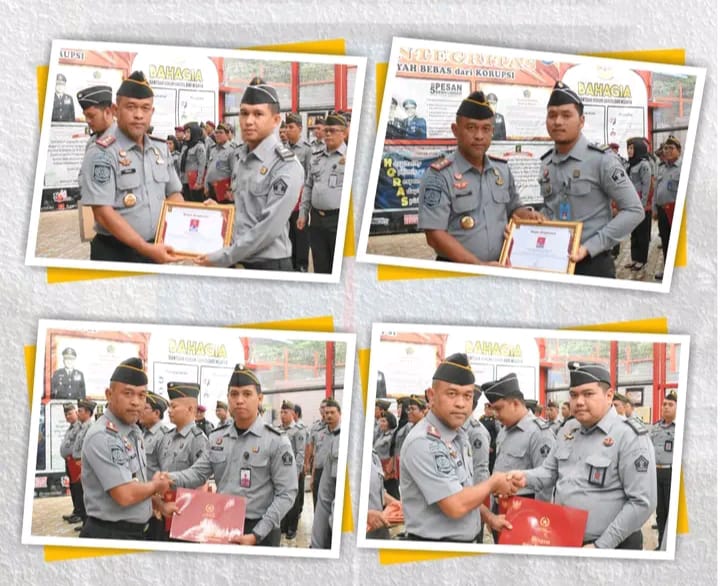 “Gelar Apel Pagi, Karutan Berikan Penghargaan Tanda Kehormatan Satya Lencana Karya Satya Dan Pegawai Teladan”.