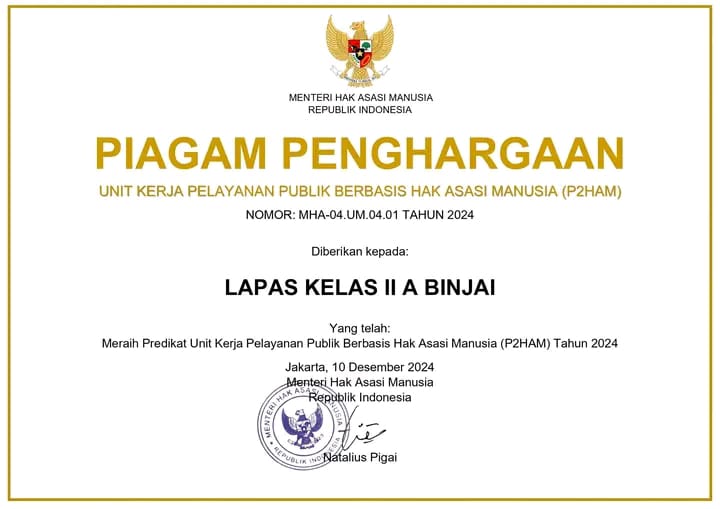 Bukti Wujudkan Pelayanan Prima, Lapas Binjai Terima Piagam Penghargaan P2HAM