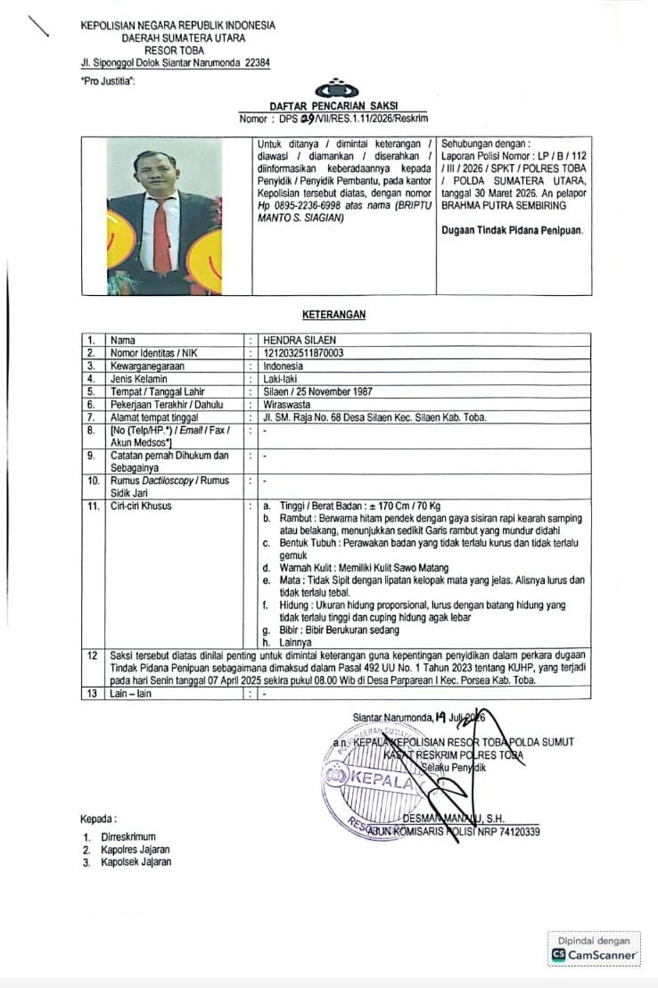 DPC AKPERSI Kabupaten Toba Dampingi Korban, Polres Toba Terbitkan DPO Hendra Silaen
