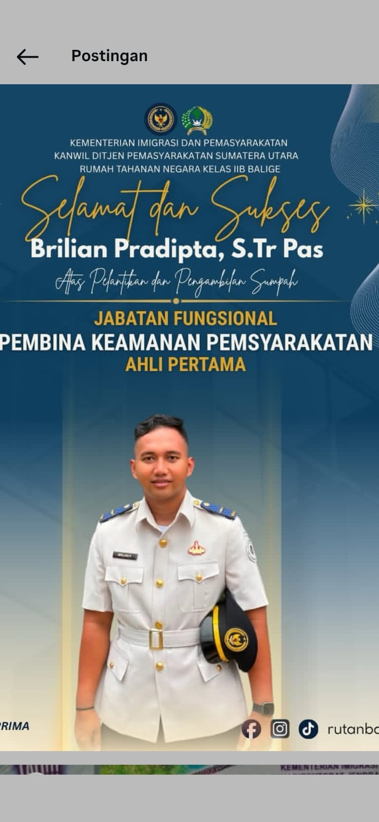 Brilian Pradipta, S.Tr Pas Resmi Dilantik sebagai Pembina Keamanan Pemasyarakatan Ahli Pertama di Rutan Balige
