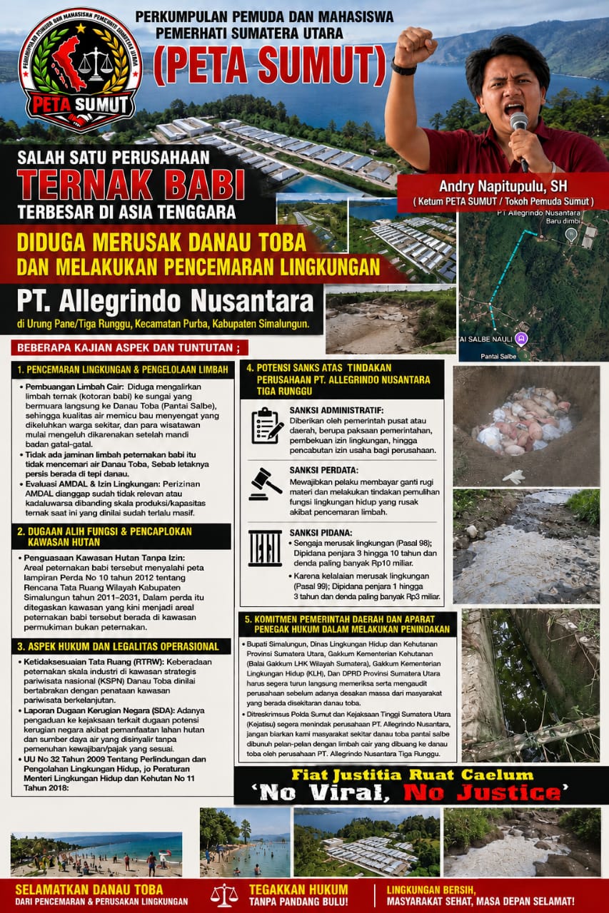 PETA SUMUT Desak Penindakan Hukum PT Allegrindo Nusantara Atas Dugaan Pencemaran Danau Toba dan Pelanggaran Tata Ruang