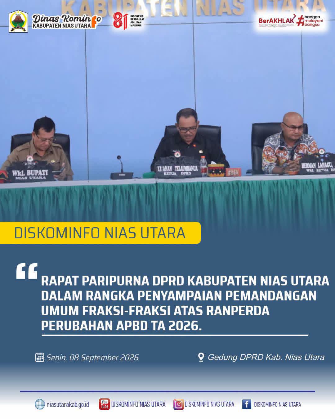 DPRD Nias Utara Gelar Rapat Paripurna, Fraksi-Fraksi Sampaikan Pemandangan Umum atas Ranperda Perubahan APBD 2026