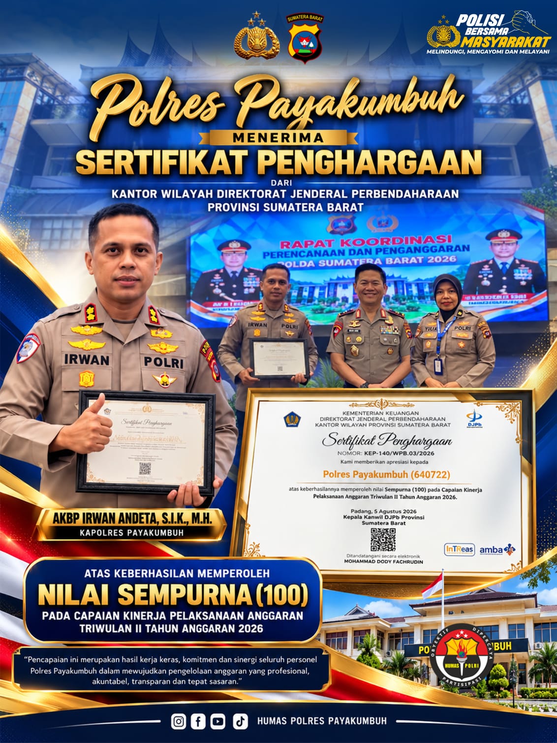 Raih Nilai Sempurna 100, Polres Payakumbuh Sabet Penghargaan DJPb Sumbar